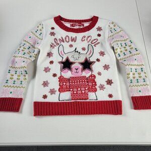 33 Degrees Llama Sweater Girls M 7/8 White/Red Long Sleeve Pullover Acrylic